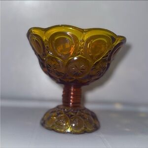 Vintage LE Smith Amber Glass Moon and Stars Compote Elegant Footed Pedestal Bowl
